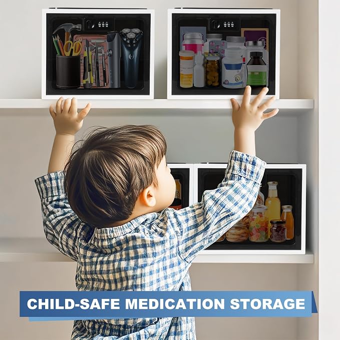 Gemaxvoled 2 Pack Medicine Lock Box, Large Capacity Premium Material Lockable Storage Bin Organizer Box with Combination Code for Safe Medication/Fridge Food/Snacks/Phone/Tablet Jail(Black)