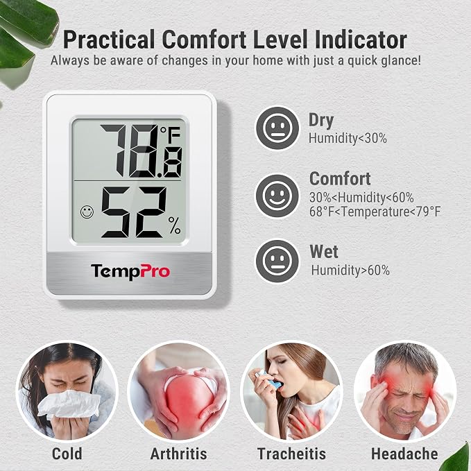 TempPro TP49 4 Pack Digital Hygrometer Indoor Thermometer | Humidity Meter Mini Hygrometer Thermometer with Temperature and Humidity Monitor Room Thermometer