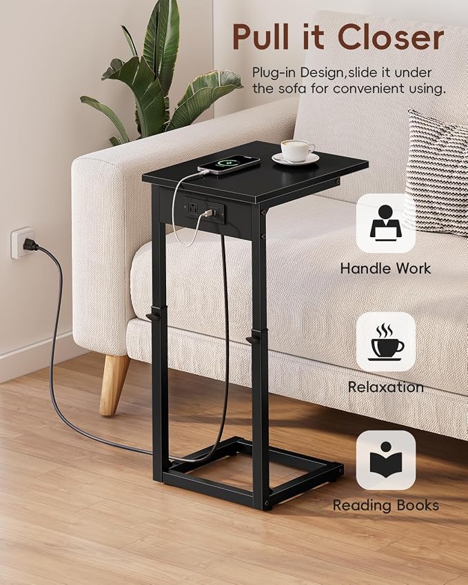 C Shaped End Table with Charging Station, 33"Tall C-Table End Table Adjustable Height Side Table for Couch, Couch Table That Slide Under Sofa Table TV Tray Table for Living Room,Bedroom,Black