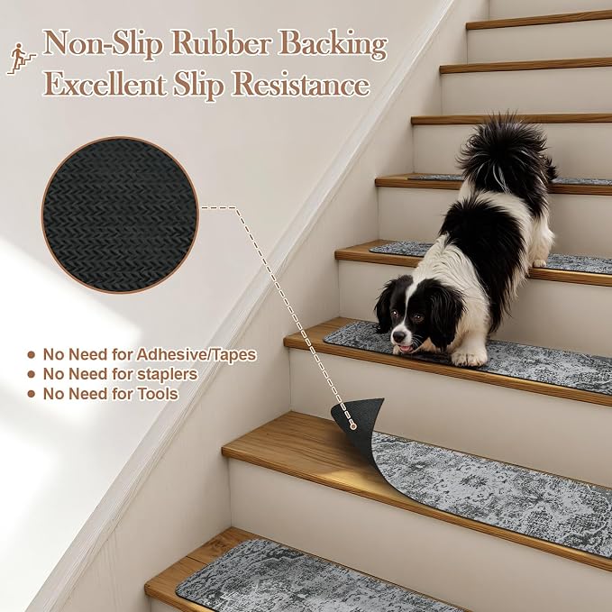 OJIA Stair Treads Non Slip Stair Runners for Wooden Steps Indoor 15PCS | 8"x30" Rubber Backing Carpet Stair Treads for Wood Stairs Staircase Step Treads for Kids & Dogs, Stair Covers Safety Mats