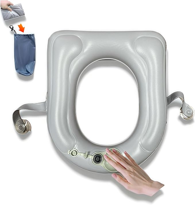 Inflatable Travel Toilet Seat Riser, Portable Toilet Seat Cushion with Suction Cups for Travel, RV, Camping - Comfortable Potty Seat (Grey)