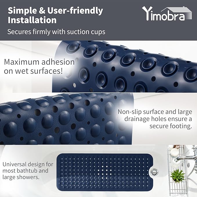 Yimobra Non Slip Bathtub Mat 40 x 16 Inch, Extra Long Shower Mat with Drain Holes, Machine Washable Baby Bath Mats, Strong Suction Cups for Bathroom Floor, Navy Blue