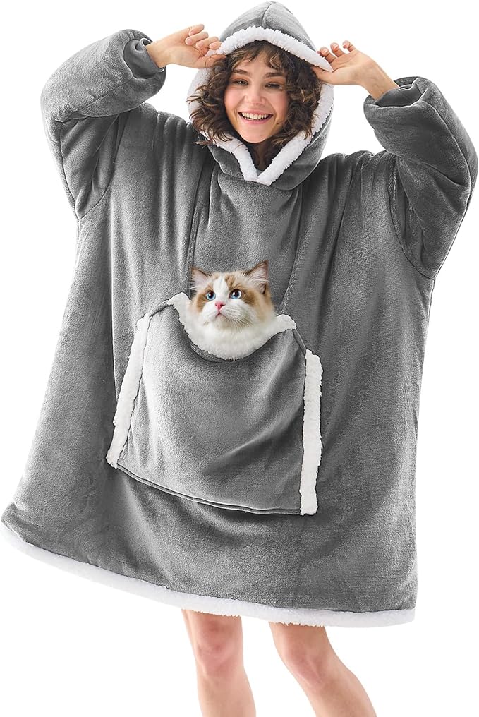 JOYWOO Wearable Blanket Hoodie,Oversized Cat Lovers Sweatshirt Blanket for Adult, Birthday Gifts for Women,Mom,Friend,Cozy Sherpa Hooded Blanket with Giant Pocket and Winter Gifts,Silver Grey Standard