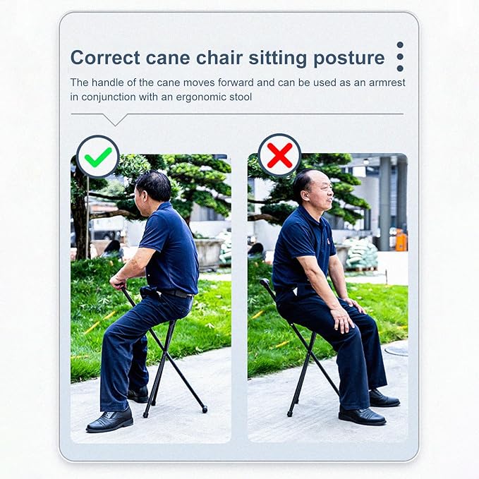 300 Lbs Crutch Stool with Seat, Lightweight Folding Walking Stick Cane for Seniors, Elderly, Portable Mobility Aid for Camping, Hiking, Travel, Outdoor Activities