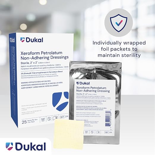 Dukal 214 Xeroform Petrolatum Gauze, Sterile, 2" W x 2" L (Pack of 25)