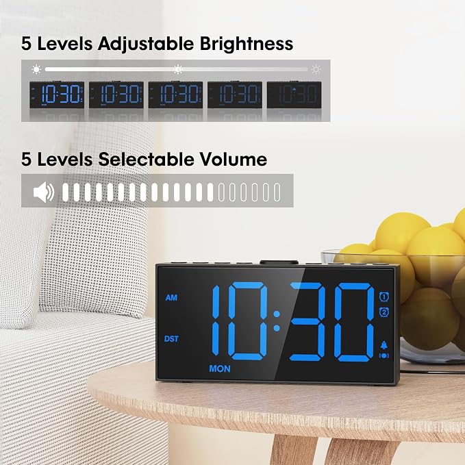 Mesqool Loud Alarm Clock with Bed Shaker & Dual Alarms, USB Port | Extra Loud Vibration Alarm Designed for Heavy Sleepers & Hearing Impaired. 5-level Dimmer, Battery Backup, Snooze & DST.