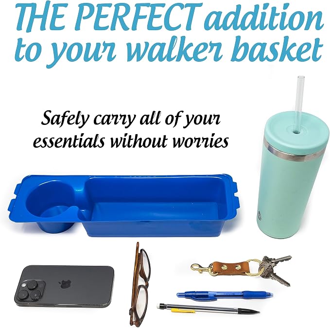Heavy Duty Clear Plastic Insert/Tray/Cup Holder for Walker Basket (Blue)