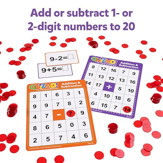 LEARNING ADVANTAGE QUIZMO Addition & Subtraction, Bingo-Style Math Game | 2 Game Modes for Ages 6-10, Teach Basic Mathematics