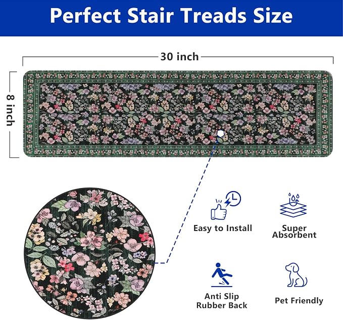 Vintage Floral Stair Treads Non Slip Carpet Stair Treads for Wooden Steps Indoor 15PCS 30"x8" Stair Runner Stair Mats Safety Staircase Step Treads for Elders Kids Dogs Dark Green
