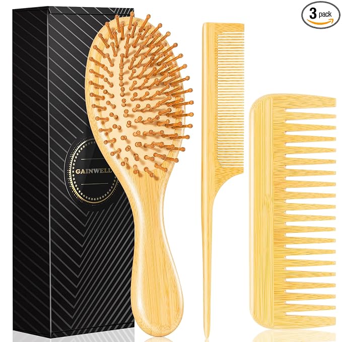 Bamboo Hair Brush for Hair Growth, Natural Bamboo Bristles Detangling Wooden Paddle Hairbrush for Massaging Scalp, for Women Men and Kids, for All Hair Types, with Ergonomic Handle (Set-3Pcs)