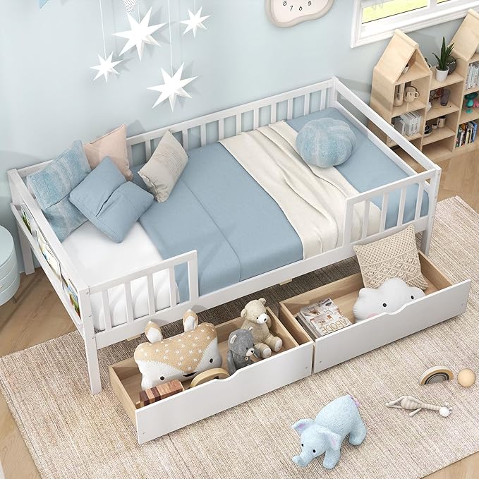 Giantex Twin Kids Bed with Storage Drawers, Wood Montessori Bed with Rails & Side Shelf, Low Daybed for Boys, Girls, No Box Spring Needed (White)