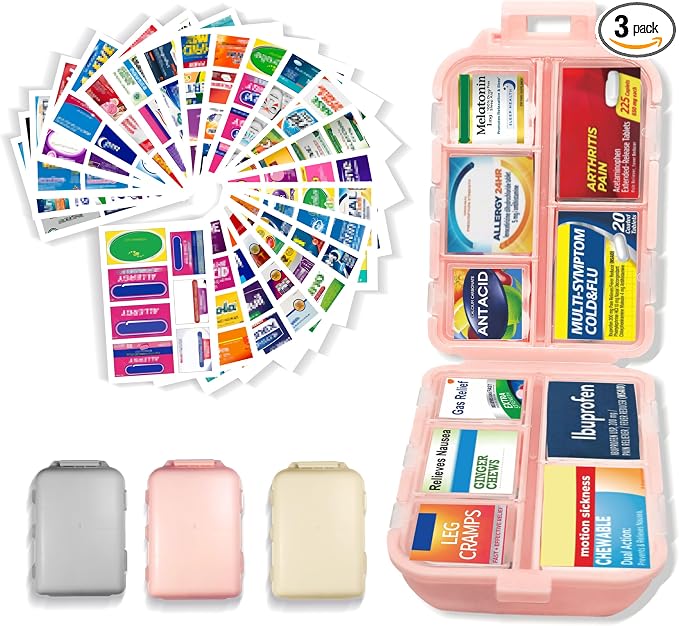 Large Pill Organizer 3 Pack with 146x3 Labels, Pink Grey Beige | Set of 3 large 10-compartment pill cases with 146x3 labels for vitamins, supplements, daily routines, work, and travel