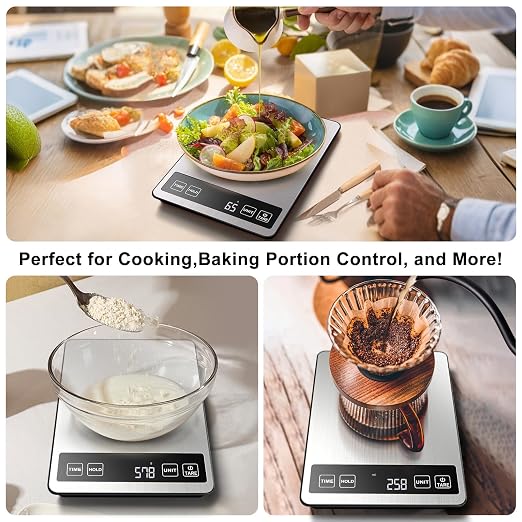 Fuzion Food Scale, 1g/0.1oz Kitchen Scale Grams and Ounces - 22lb, 7 Units, Tare & Timer Functions, Rechargeable Power, Tempered Glass & Stainless Steel - Digital Food Scale for Cooking, Baking