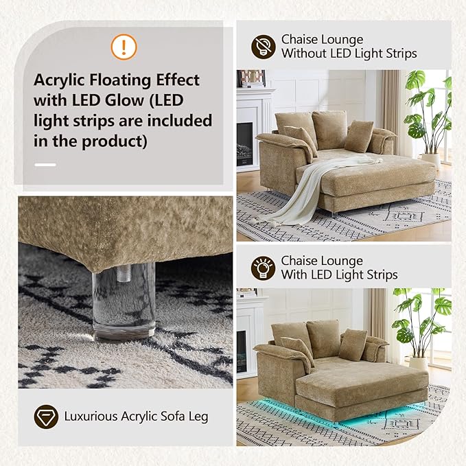 VINGLI Modern Floating Chaise Lounge Chair with LED Lights & Acrylic Legs, Upholstered Cushion Deep Seat Lounge Sofa with Iron-Wood KD Frame, Pillow Armrest Accent Chair for Living Room, Apartment