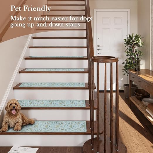 OJIA Insect Stair Treads Non-Slip Stair Runners for Wooden Steps 4PC 30"x8" | Indoor Stair Runner Carpet Stair Treads Mats Staircase Step Treads for Kids & Dogs, Stair Covers, Blue