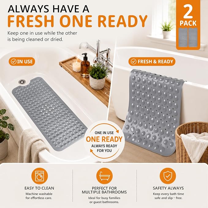 Yimobra 2-Pack Non Slip Bathtub Mat 40 x 16 Inch, Extra Long Shower Mat with Drain Holes, Machine Washable Baby Bath Mats, Strong Suction Cups for Bathroom Floor, Grey