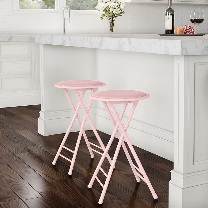 Lavish Home Folding Stool with Padded Backless Seat Set of 2, Pink, 24” | Counter Height Bar Stools with 225lb Capacity, Portable Indoor & Outdoor, Extra Seat for Kitchen, Rec Room or Camping