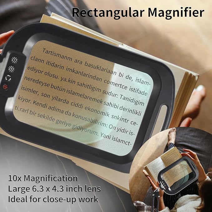 10X Rectangle Magnifying Glass with Light and Stand, 5 Color Modes Stepless Dimmable, 2-in-1 LED Lighted Desk Lamp & Clamp, Hands Free Magnifier for Reading Crafts Repair Close Work