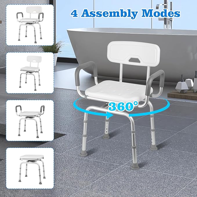 Swivel Shower Chair with Arms and Back, Heavy Duty 400lb Capacity 360° Swivel Stool for Elderly, Disabled & Bariatric Adults, for Shower & Tub, Tool-Free Height Adjustment(16.54"-19.29")