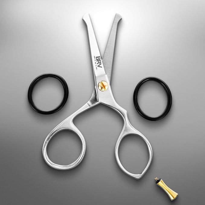 BRV MEN Rounded-Tip Small Trim Scissors for Men 4.2" | High Carbon Stainless Steel | Nose Hair for Men | Professional Grooming Scissors for Beard, Mustache & Ear Hair - RIGHT HANDED (Silver)