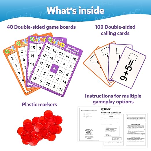LEARNING ADVANTAGE QUIZMO Addition & Subtraction, Bingo-Style Math Game | 2 Game Modes for Ages 6-10, Teach Basic Mathematics