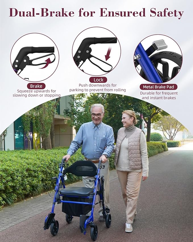 Walkers for Seniors with Seat, 2 in 1 Rollator Walker & Transport Chair with Reversible Backrest & Detachable Footrests, Folding Wheelchair with 8" Anti-Slip PU Wheels, Blue