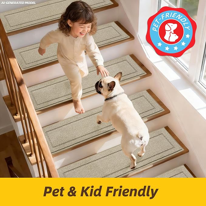 JSEI Stair Treads for Wooden Steps Indoor, 15-Pack, 30" x 8", Light Beige | Non Slip Stair Treads, Washable Polyester Stair Mats with TPE Backing, Low Profile Stair Rugs for Kids, Seniors and Dogs