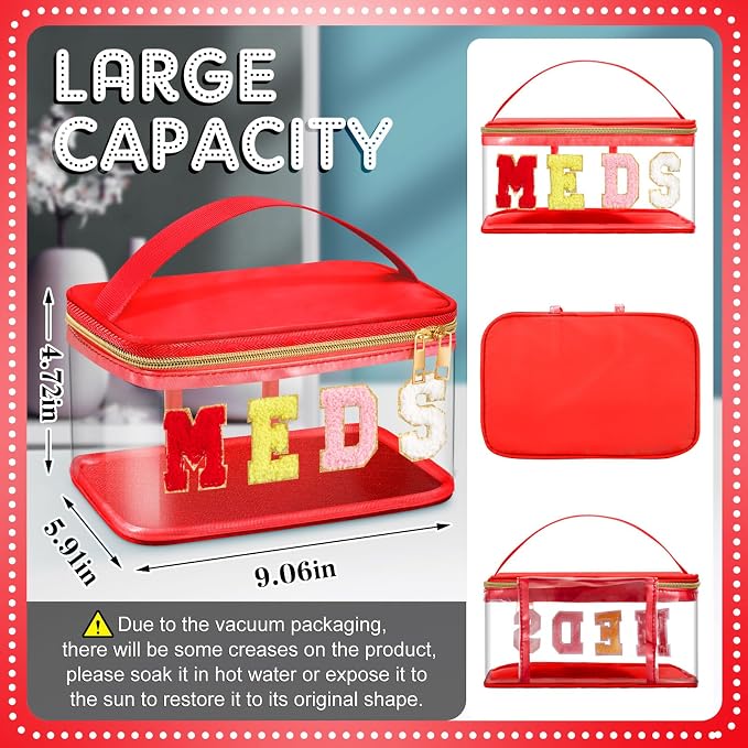 Geetery Chenille Letter Bag, Meds Cheer Travel Cases Cheerleader Gifts Cosmetic Bag Nylon Makeup Portable Preppy Patch with Zipper Toiletry Storage Case for Women(Red,Meds)