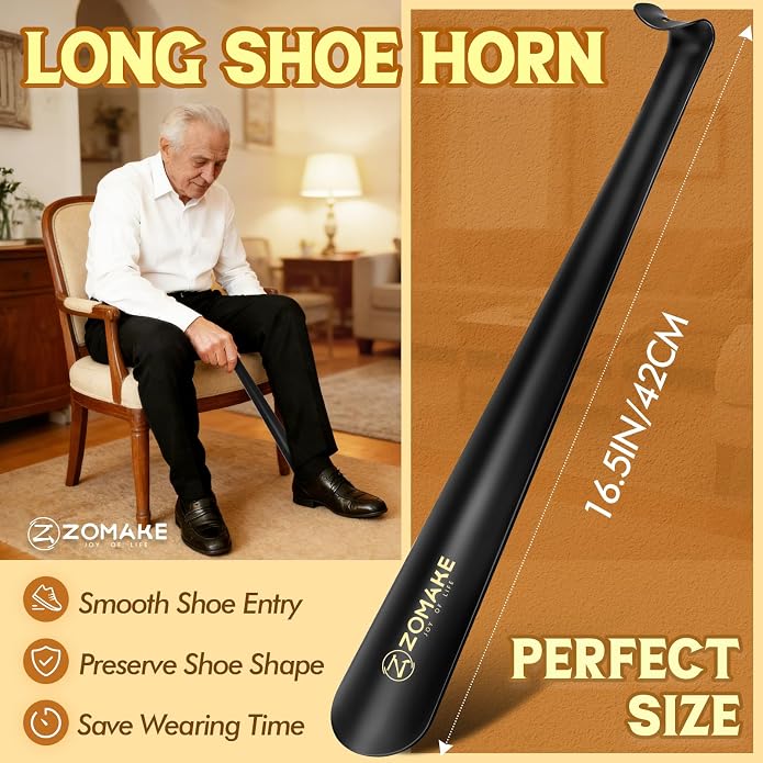 ZOMAKE Shoe Horn Long Handle for Seniors Men Women,Metal Long Shoehorn for Boots,16.5" Shoe Spoon Helper