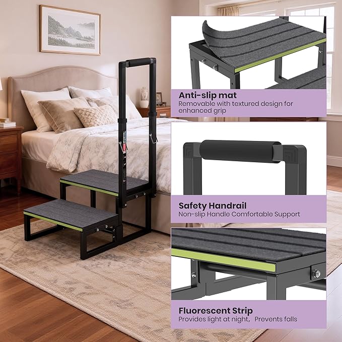 2 Step Stool with Handle for Elderly,Bed Steps for High Beds for Adults,Seniors,Heavy Duty Step Stool with Adjustable Handrail/Removable Cover/Glow Strip for Bathtub,Kitchen,RV