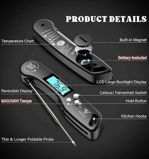 DOQAUS Digital Meat Thermometer, 2 Pack Instant Read Food Thermometer for Cooking, Kitchen Probe with Backlit & Reversible Display, Wide Temperature Range for Turkey, Bread, Baking, Sourdough