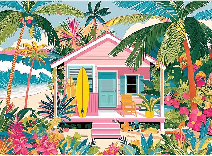 500 Piece Jigsaw Puzzle for Adults, Tropical Beach House | Tropical beach house scene with palm trees, surfboards, flowers, poster, storage bag, back letters and thick cardboard.