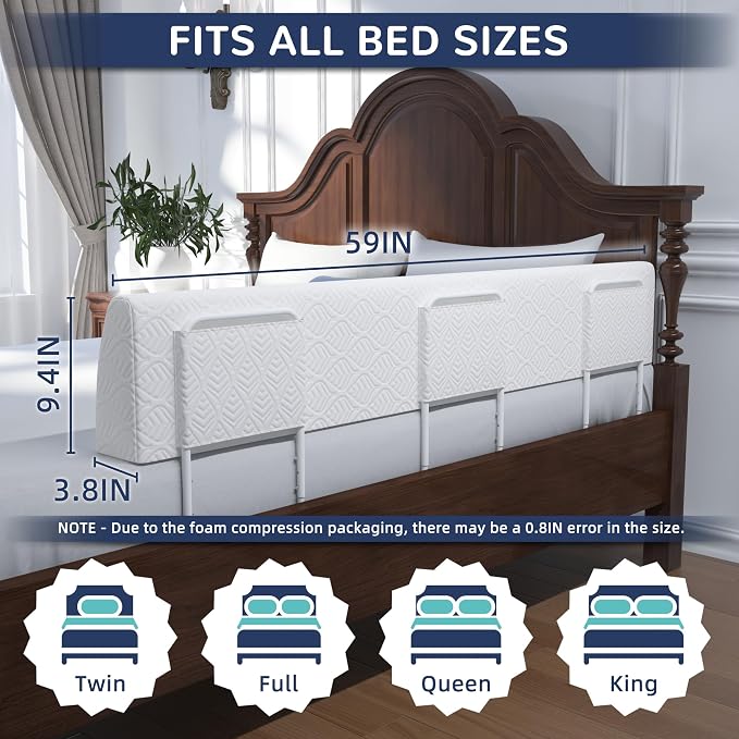 FigTime Bed Bumper for Toddlers, Foam Bed Rail for Toddlers, Toddler Bed Rail Bumper, Soft Safety Bed Guard Rail for Kids, Bed Side Rail for Twin, Full, Queen & King Beds (White, 59", 3-Bracket)