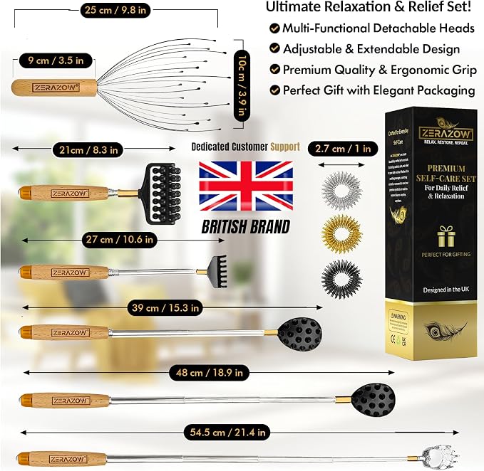 ZERAZOW® Telescoping Back Scratcher 9 Pcs Set, Backscratcher Gifts for Men & Women with 4 Detachable Heads, Head & Scalp Massager, Back Massage Tools, Spiky Sensory Rings, Fathers Day Gift