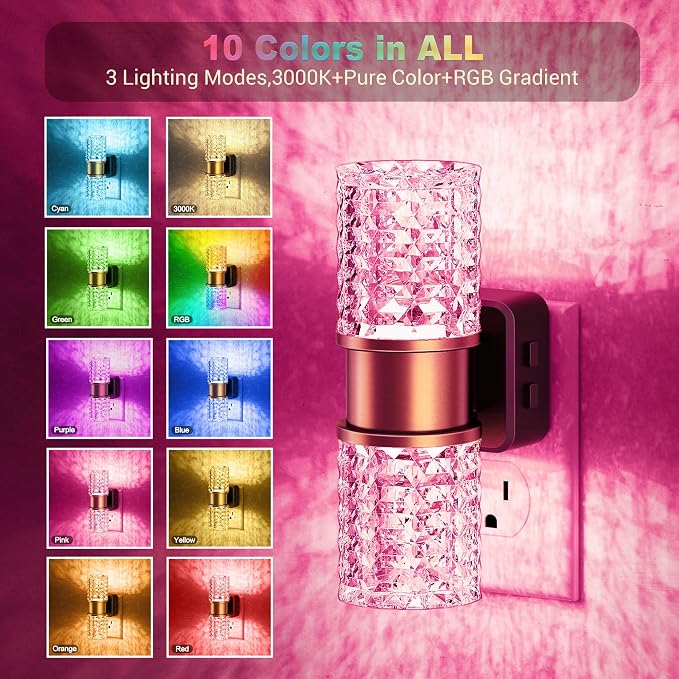 JandCase Night Lights Plug into Wall,2 Pack Color Changing Night Light for Kids, 3000K+RGB LED Nightlight with Dusk to Dawn Sensor, 10/50/100LM Adjustable Brightness for Rooms Decor