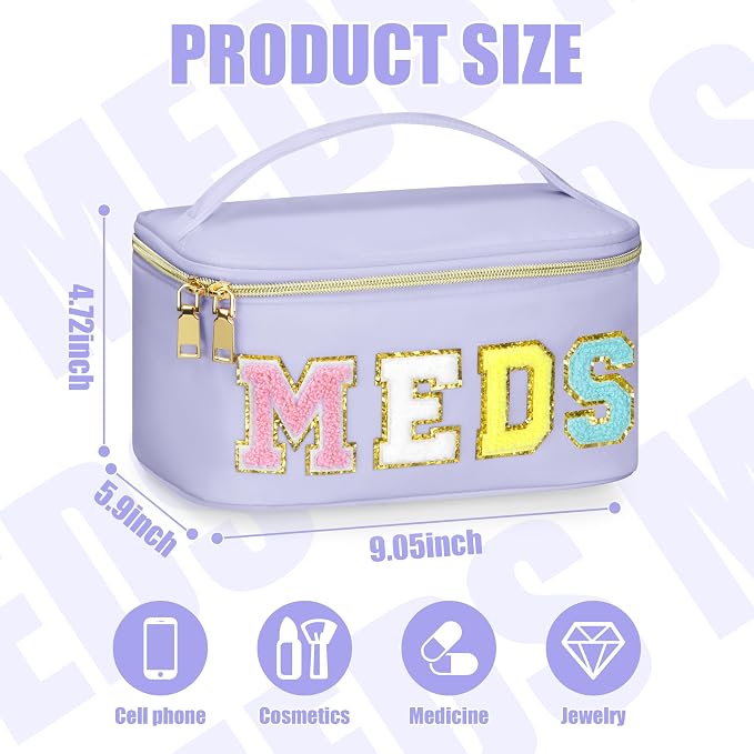 BuyCard Medicines Chenille Letter Bag Nylon Meds Makeup Pouch Preppy Path with Zipper and Handle Cosmetic Toiletry Storage Purse for Women Purple
