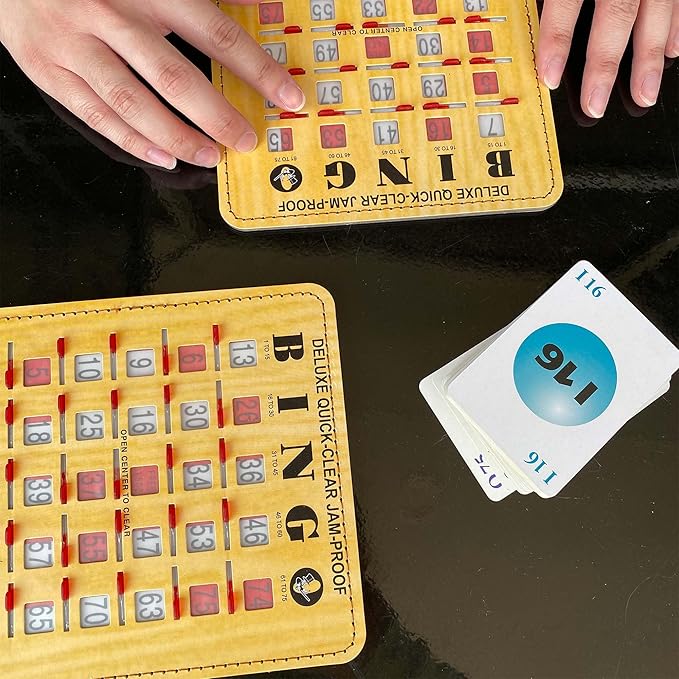 MR CHIPS Jam-Proof Bingo Cards with Sliding Windows, 25 Reusable Shutter Cards, 75 Calling Cards 1 Master Board in Woodgrain Style