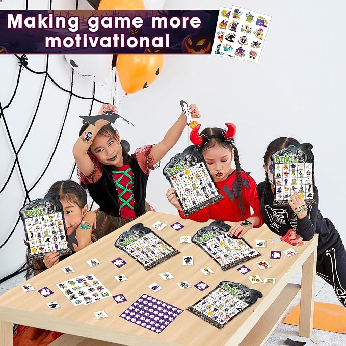 39 Pcs Halloween Party Bingo Game for Adults Kids 24 Players Tomb Shaped Bingo Game Card with Rewards Stickers for Families Friends Students Large Group Gathering Activities Boo Spooky Party Favors