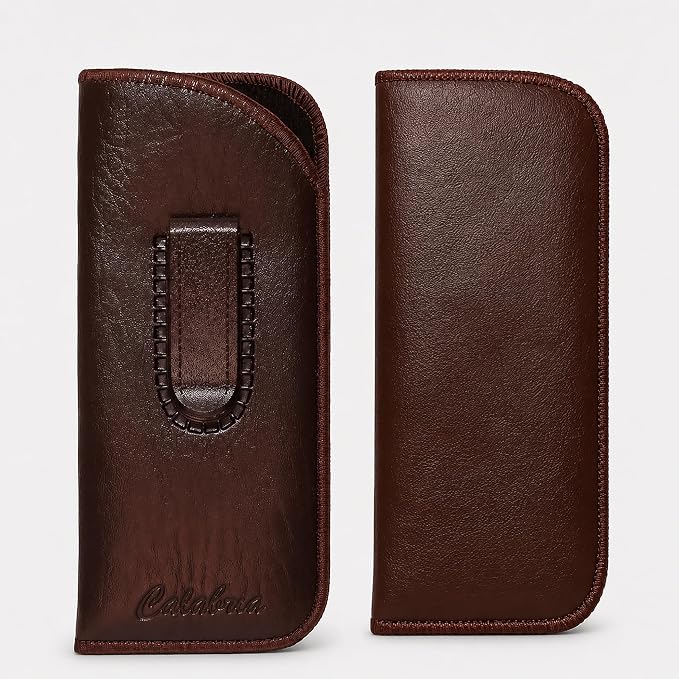 Calabria Slim Eye Glasses Case w/Clip Soft PU Leather Brown Men Women Eyeglasses Pouch Slip-In Eyewear Holder Sunglass Bag