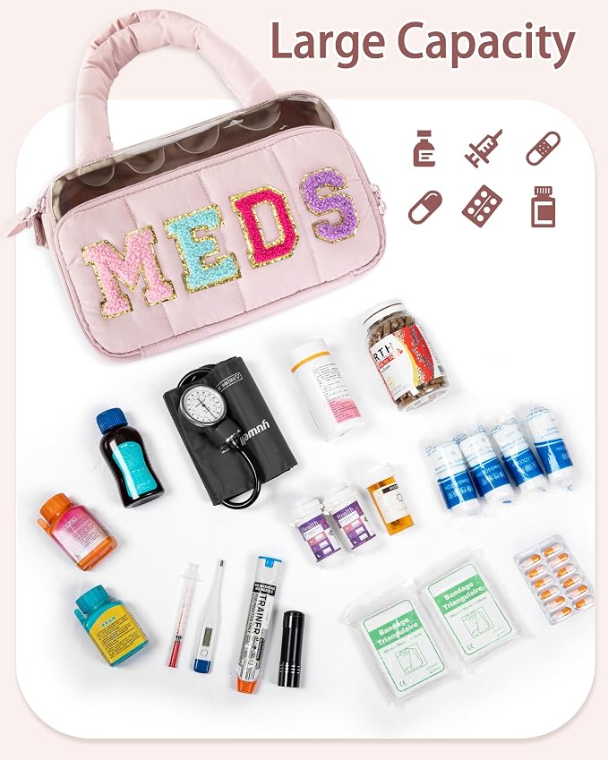Fasrom Chenille Letter Medicine Bag, Pill Bottle Organizer for Travel Meds | Preppy Patch Design, Puffy Handle, Portable Storage for Medical Supplies & Toiletries, Makeup Case for Women