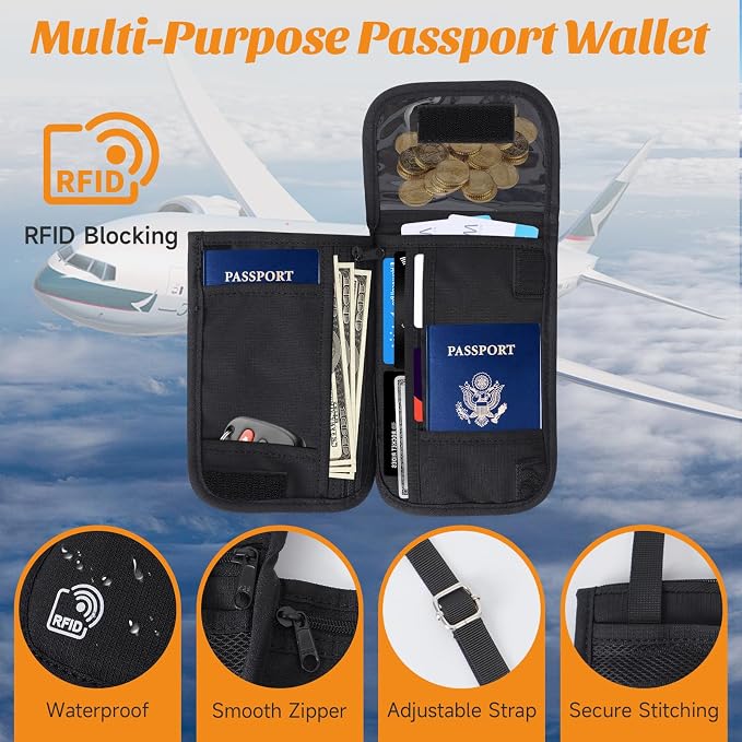 Neck Wallet & RFID Blocking Passport Holder for Travel – Waterproof Hidden Travel Wallet with Card Slots, Adjustable Strap, Portable Document Organizer for Men, Women (Gift) Black