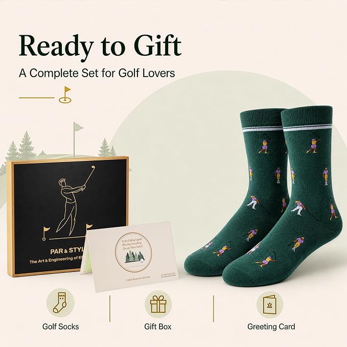 Funny Golf Gifts Socks for Men, Golf Accessories, Size 8-13 Gift Box & Card | Golf gifts for men, soft breathable crew socks, funny gift idea for birthdays, holidays, coworkers, husbands, or golf lovers