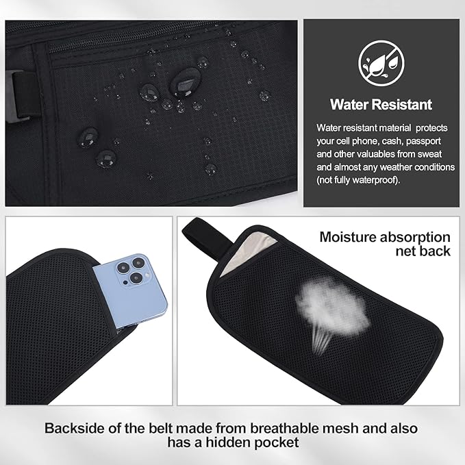 Money Belt - Passport Holder Secure Hidden Travel Wallet with RFID Blocking, Undercover Fanny Pack (Black)