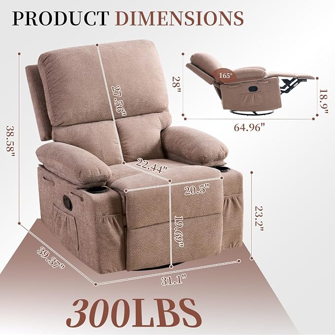 Recliner Chairs for Adults and Elderly, Swivel Rocker Recliner with Massage and Heating, Manual Reclining Chair with Cup Holders and Side Pockets, Comfy Rocking Chair for Living Room, Brown