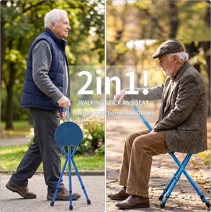 Anti-Slip Walking Cane with Seat Folding Lightweight,Walking Stick Height Adjustment,Portable and Sturdy Cane Chair for Travel Outdoor Use, Queuing, Elderly Women and Men