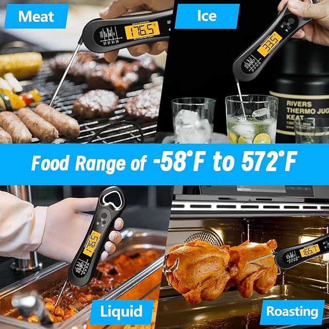 Meat Thermometer Digital, Instant Read Meat Thermometer for Grill and Cooking, with Bottle Opener, Backlight & Calibration Food Thermometer, Kitchen Gadgets for BBQ, Turkey, Candy, Liquids