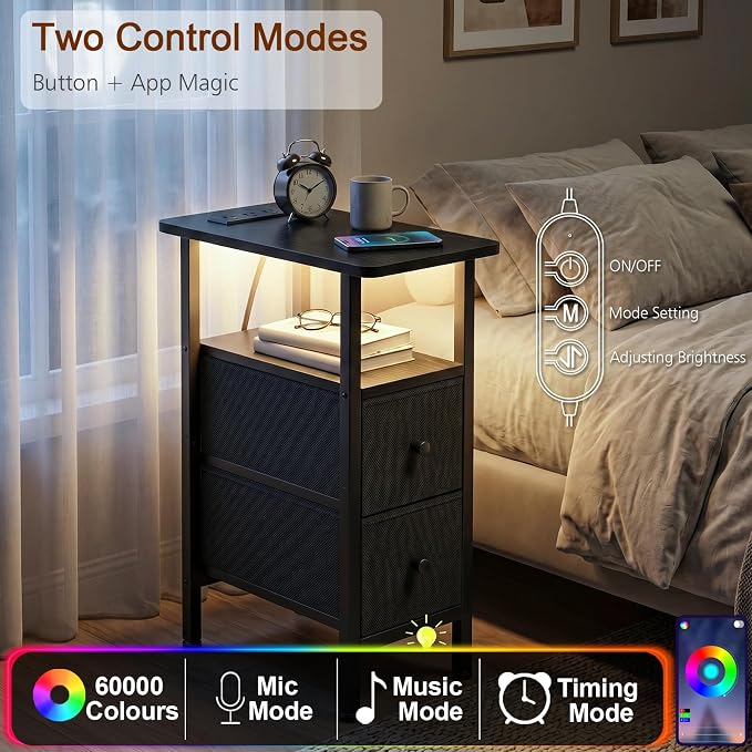 Narrow End Table with Charging Station, Small Nightstand | Skinny Side Tables Living Room with 2 Fabric Drawers, Bedside Table with LED Lights for Bedroom, Small Spaces, Black