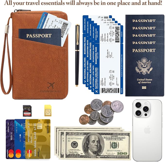 Family Passport Holder for Travel Women and Men RFID Blocking Passport Holder with Zipper Multi-functional Passport Wallet Passport Case Passport cover Travel Essentials