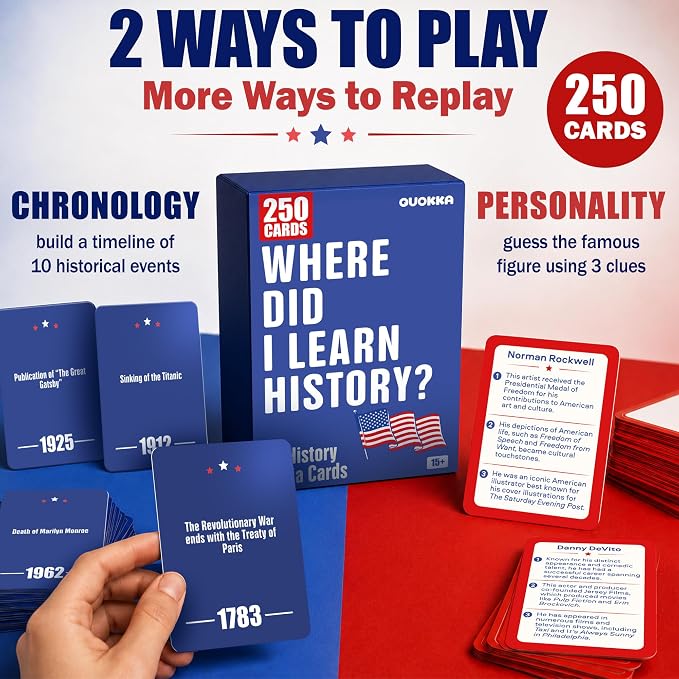 Quokka Trivia Game for Families - Fun Educational Trivia Cards | Where Did I Learn History - 250 Double-Sided History Cards, Chronology Card Game and Famous Figure Guessing for Adult Age 15+
