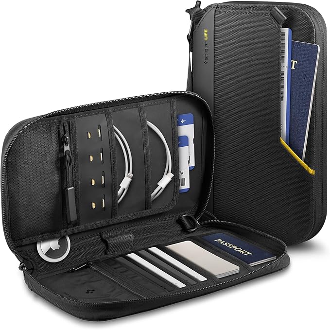 Spigen Life Passport Card Cover Holder, RFID Blocking | Travel Document Organizer, SIM Card Pin Included - Black